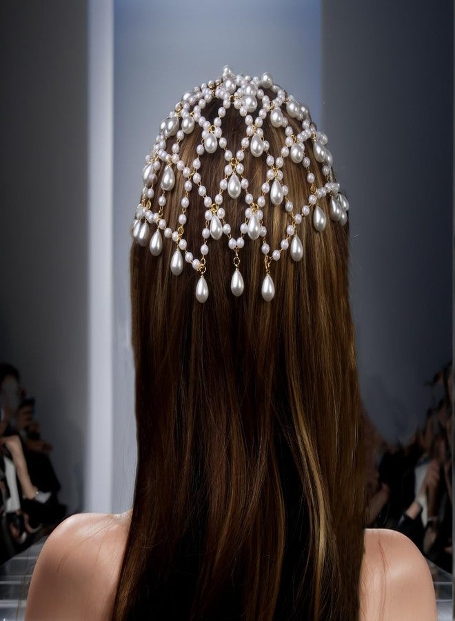 STONEFANS Gold Hair Accessories - Gold Pearl Fairy Headpiece for Women Flapper Renaissance 1920s Pearl Hair Accessories for Women Head Chain Pearls Jewelry Prom Party - Image 5